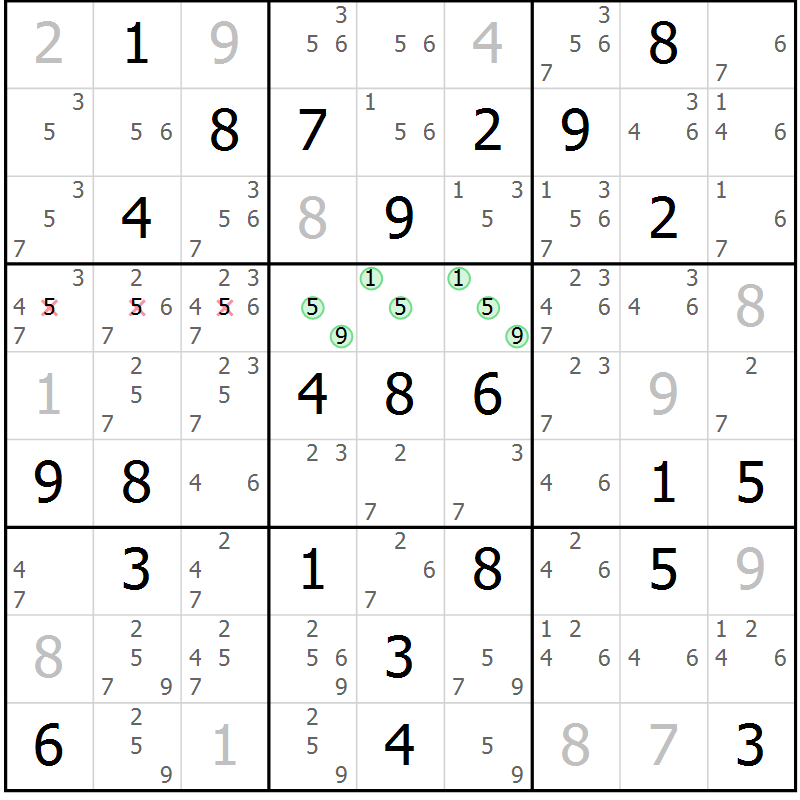 Position des candidats pour la solution de la Gr 35 page 38 du magazine de sudoku Giga sudoku niv 6-8 n° 016