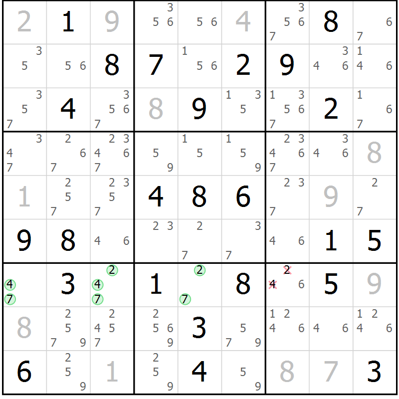 Position des candidats pour la solution de la Gr 35 page 38 du magazine de sudoku Giga sudoku niv 6-8 n° 016
