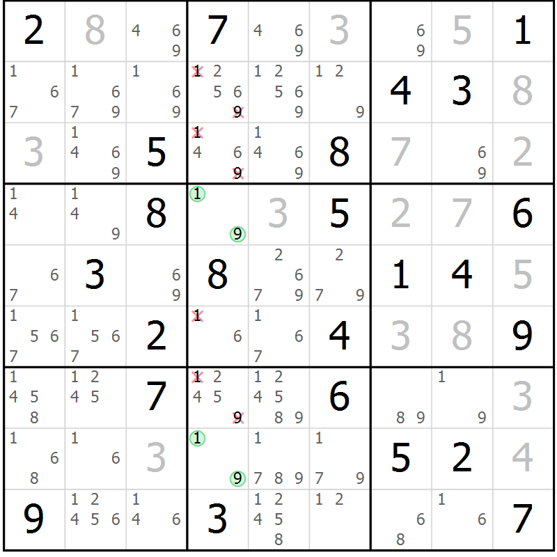 Position des candidats pour la solution de la Gr 37 page 40 du magazine de sudoku Giga sudoku niv 6-8 n° 016