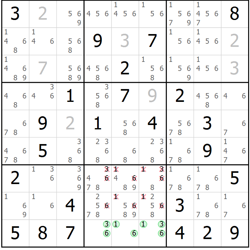 Position des candidats pour la solution de la Gr 38 page 41 du magazine de sudoku Giga sudoku niv 6-8 n° 016