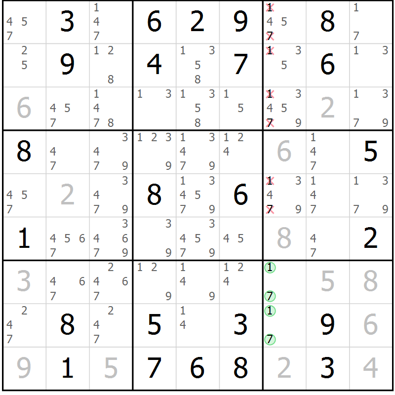 Position des candidats pour la solution de la Gr 39 page 42 du magazine de sudoku Giga sudoku niv 6-8 n° 016