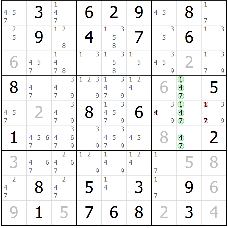 Position des candidats pour la solution de la Gr 39 page 42 du magazine de sudoku Giga sudoku niv 6-8 n° 016
