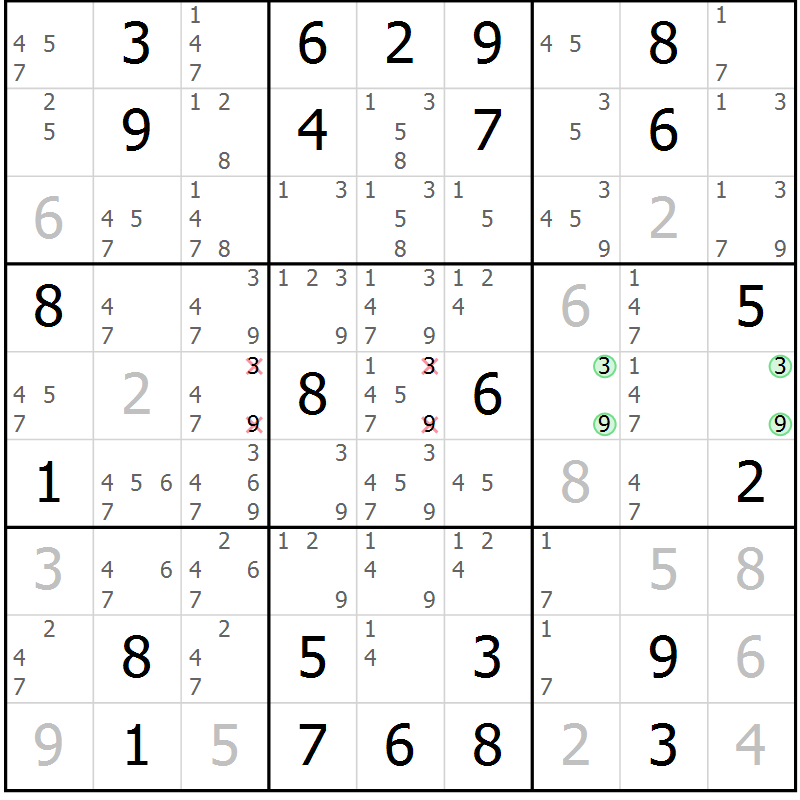 Position des candidats pour la solution de la Gr 39 page 42 du magazine de sudoku Giga sudoku niv 6-8 n° 016