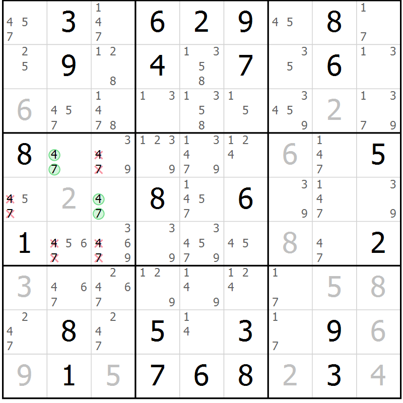 Position des candidats pour la solution de la Gr 39 page 42 du magazine de sudoku Giga sudoku niv 6-8 n° 016