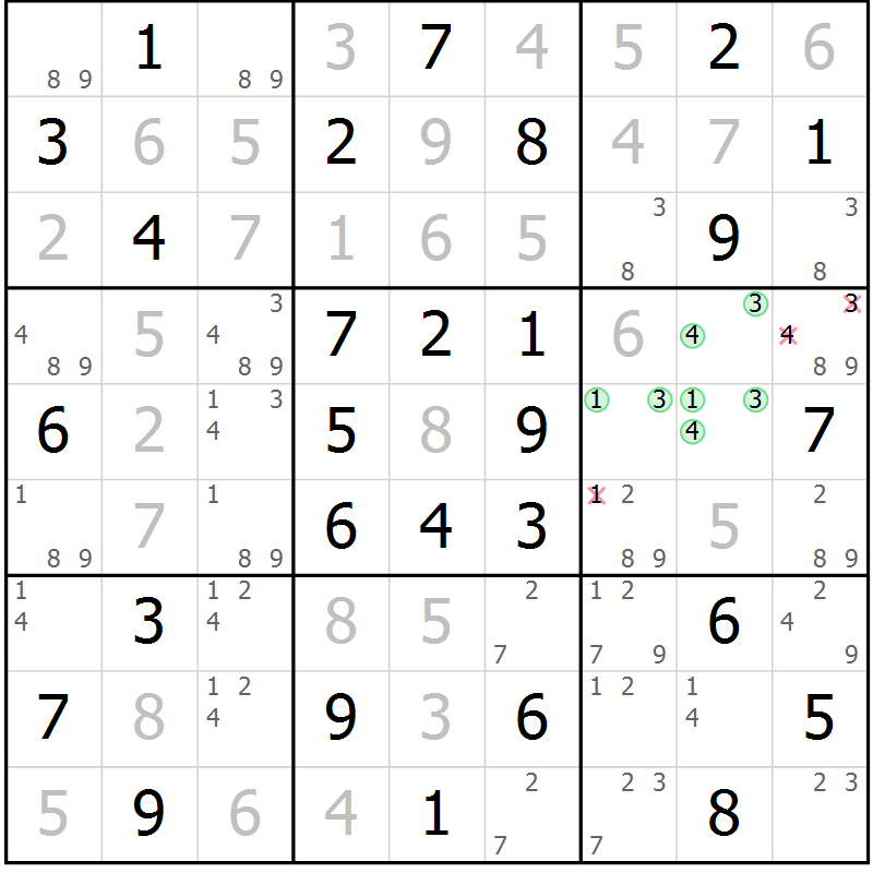 Position des candidats pour la solution de la Gr 4 page 7 du magazine de sudoku Giga sudoku niv 6-8 n° 016