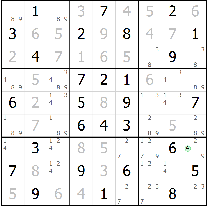 Position des candidats pour la solution de la Gr 4 page 7 du magazine de sudoku Giga sudoku niv 6-8 n° 016