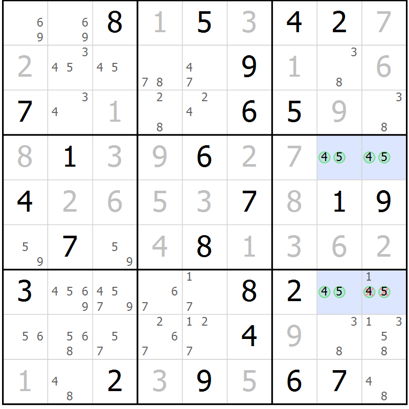 Position des candidats pour la solution de la Gr 40 page 43 du magazine de sudoku Giga sudoku niv 6-8 n° 016