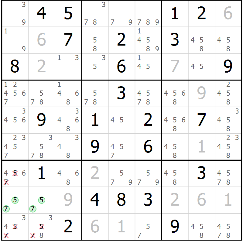 Position des candidats pour la solution de la Gr 41 page 44 du magazine de sudoku Giga sudoku niv 6-8 n° 016