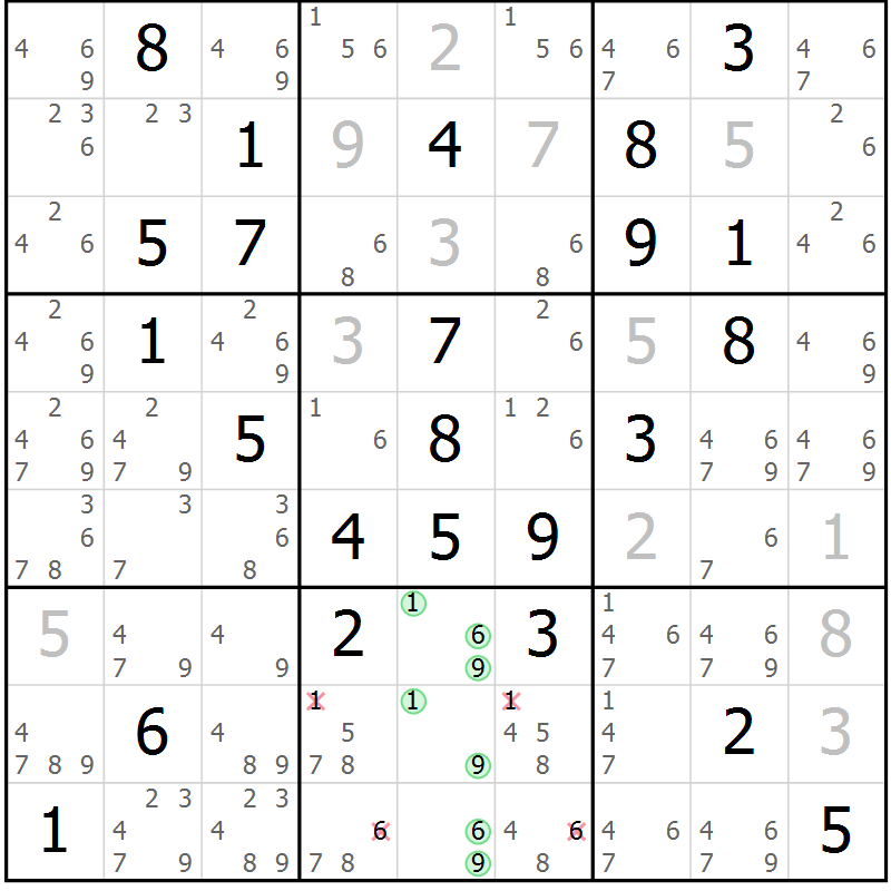 Position des candidats pour la solution de la Gr 42 page 45 du magazine de sudoku Giga sudoku niv 6-8 n° 016