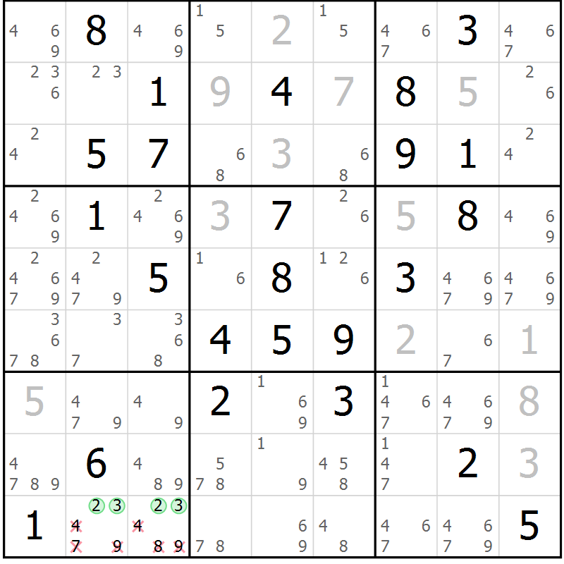 Position des candidats pour la solution de la Gr 42 page 45 du magazine de sudoku Giga sudoku niv 6-8 n° 016