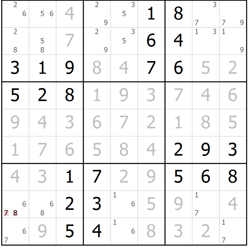 Position des candidats pour la solution de la Gr 43 page 46 du magazine de sudoku Giga sudoku niv 6-8 n° 016