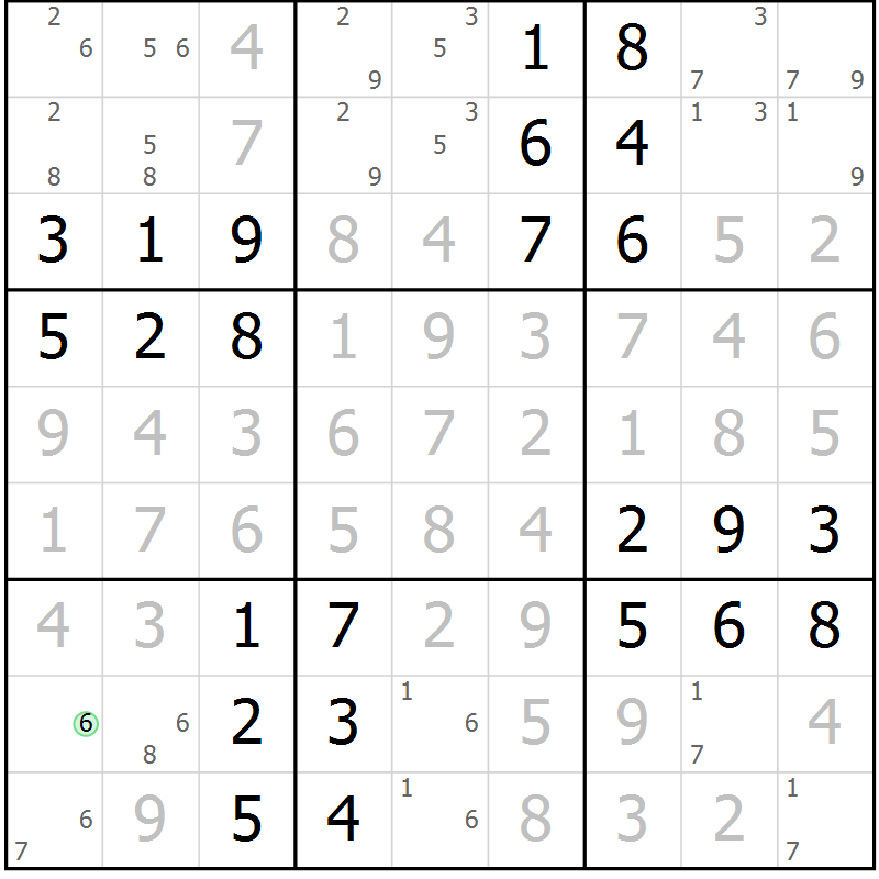 Position des candidats pour la solution de la Gr 43 page 46 du magazine de sudoku Giga sudoku niv 6-8 n° 016