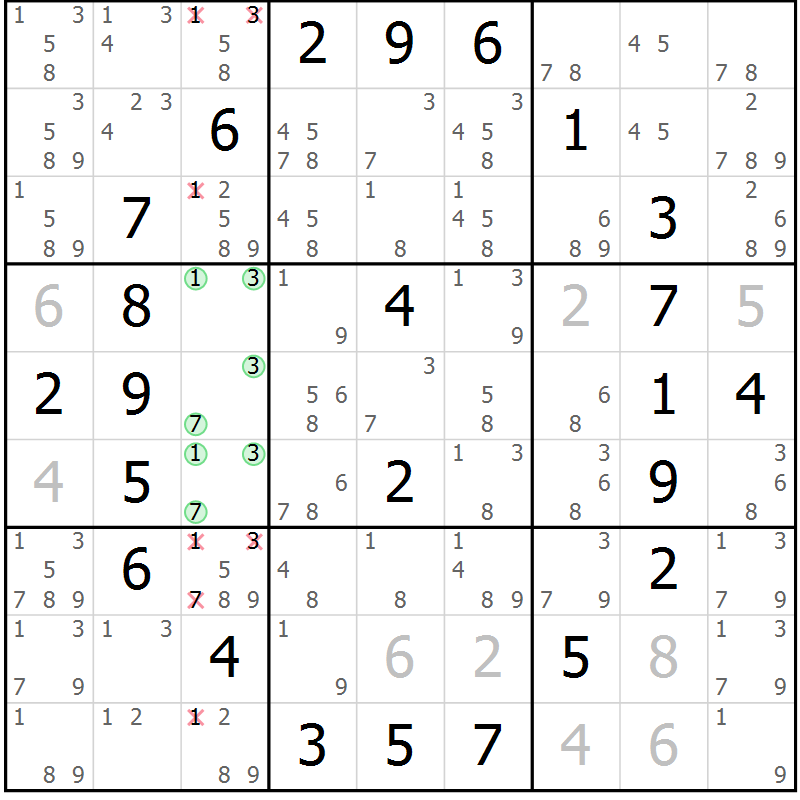 Position des candidats pour la solution de la Gr 44 page 47 du magazine de sudoku Giga sudoku niv 6-8 n° 016