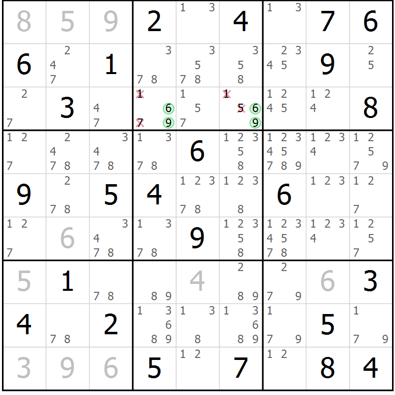 Position des candidats pour la solution de la Gr 45 page 48 du magazine de sudoku Giga sudoku niv 6-8 n° 016