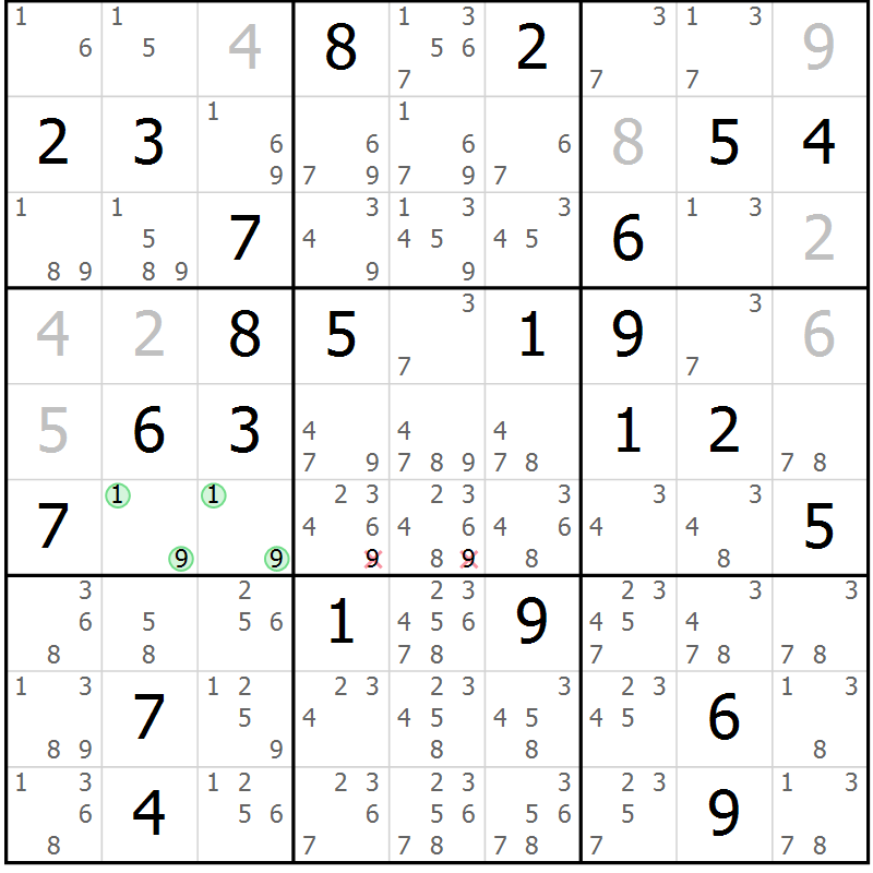Position des candidats pour la solution de la Gr 46 page 49 du magazine de sudoku Giga sudoku niv 6-8 n° 016