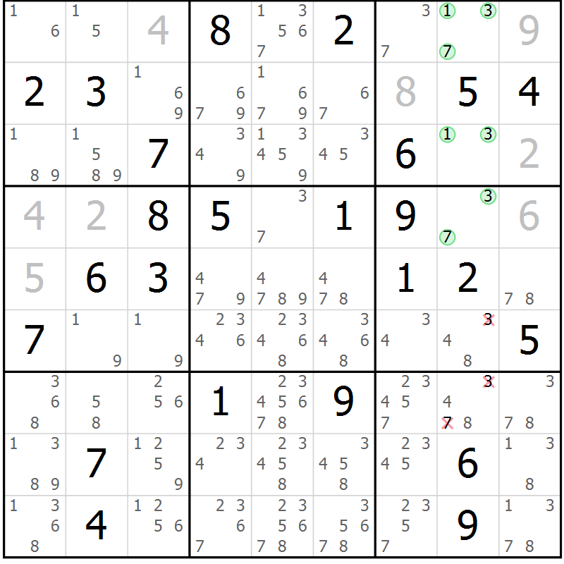 Position des candidats pour la solution de la Gr 46 page 49 du magazine de sudoku Giga sudoku niv 6-8 n° 016