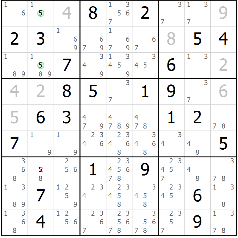 Position des candidats pour la solution de la Gr 46 page 49 du magazine de sudoku Giga sudoku niv 6-8 n° 016