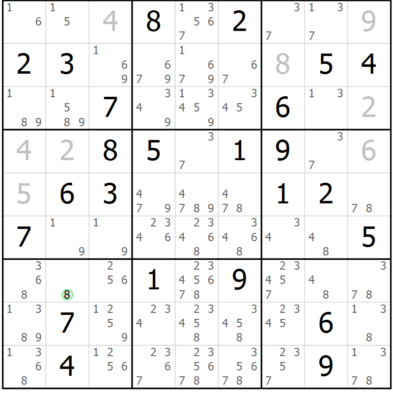 Position des candidats pour la solution de la Gr 46 page 49 du magazine de sudoku Giga sudoku niv 6-8 n° 016