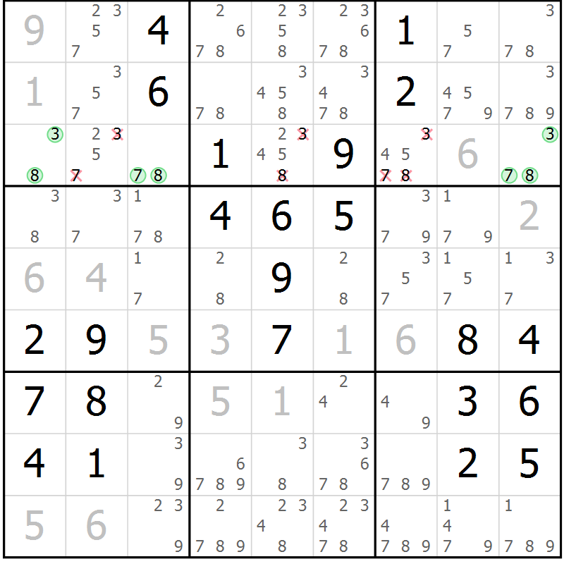 Position des candidats pour la solution de la Gr 47 page 50 du magazine de sudoku Giga sudoku niv 6-8 n° 016