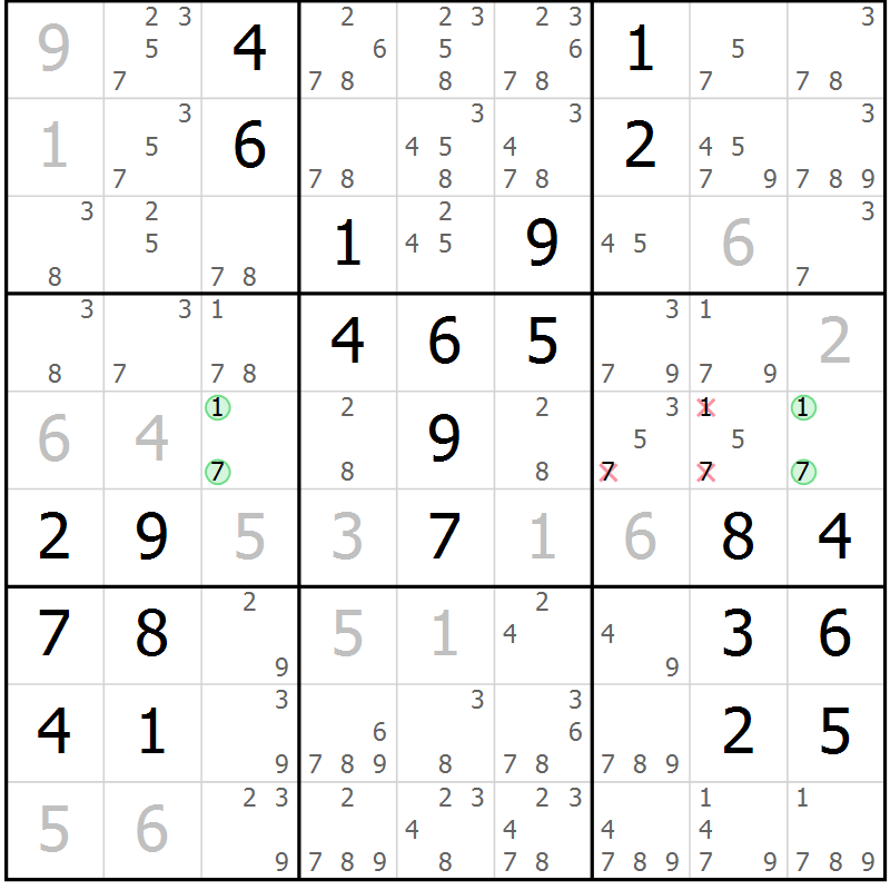 Position des candidats pour la solution de la Gr 47 page 50 du magazine de sudoku Giga sudoku niv 6-8 n° 016