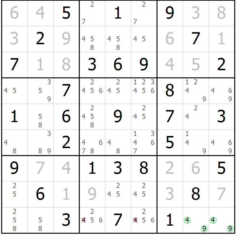 Position des candidats pour la solution de la Gr 5 page 8 du magazine de sudoku Giga sudoku niv 6-8 n° 016
