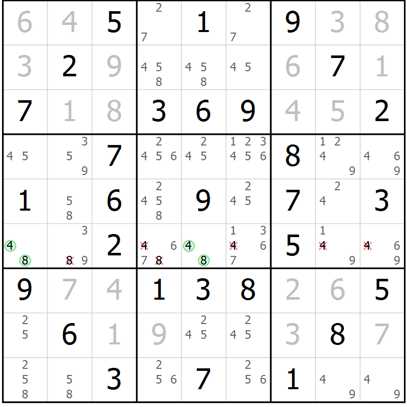 Position des candidats pour la solution de la Gr 5 page 8 du magazine de sudoku Giga sudoku niv 6-8 n° 016