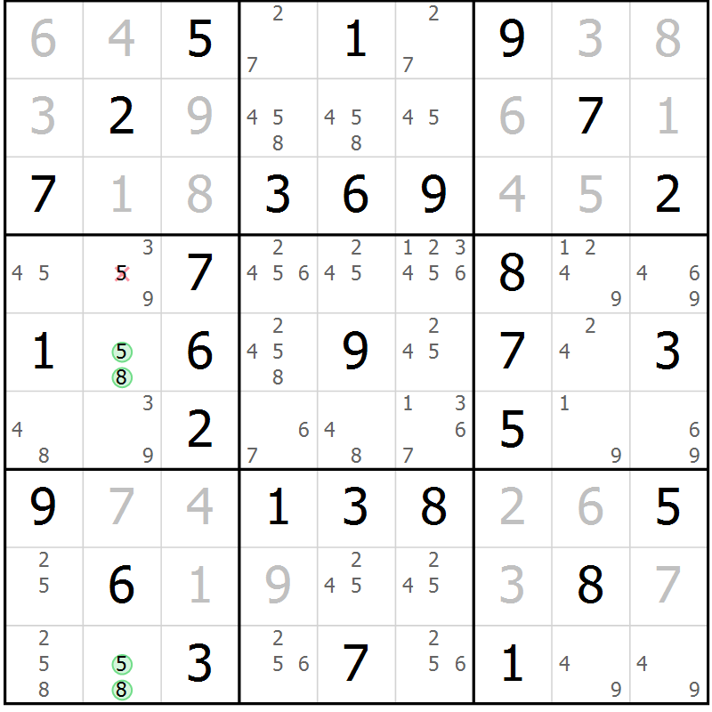 Position des candidats pour la solution de la Gr 5 page 8 du magazine de sudoku Giga sudoku niv 6-8 n° 016