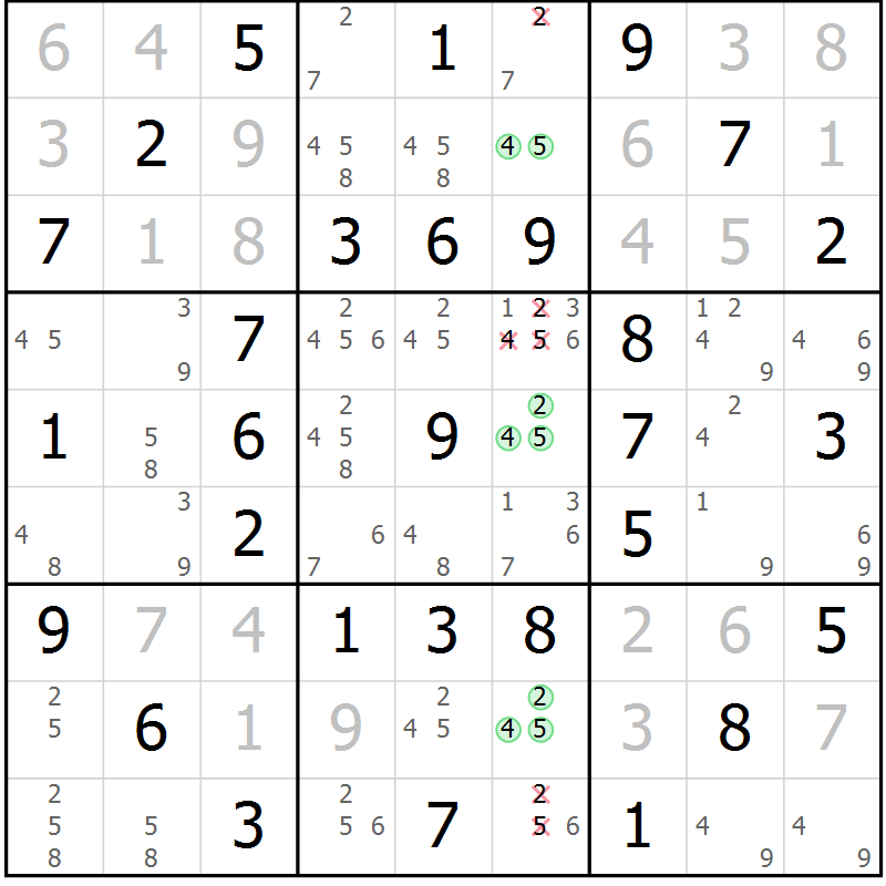 Position des candidats pour la solution de la Gr 5 page 8 du magazine de sudoku Giga sudoku niv 6-8 n° 016