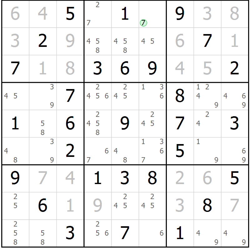 Position des candidats pour la solution de la Gr 5 page 8 du magazine de sudoku Giga sudoku niv 6-8 n° 016