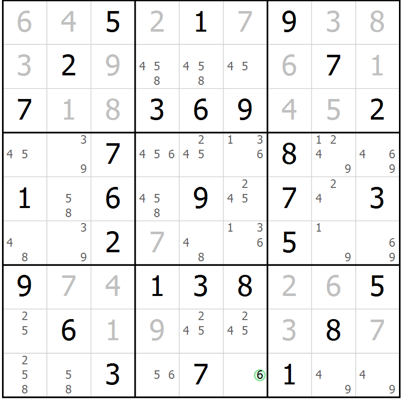 Position des candidats pour la solution de la Gr 5 page 8 du magazine de sudoku Giga sudoku niv 6-8 n° 016