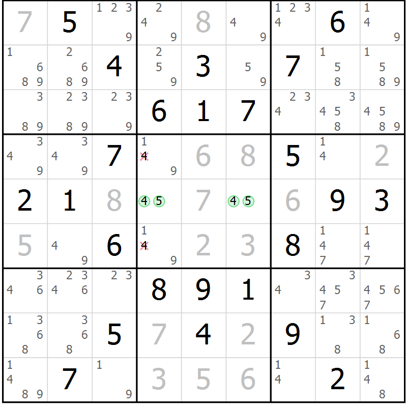 Position des candidats pour la solution de la Gr 50 page 53 du magazine de sudoku Giga sudoku niv 6-8 n° 016