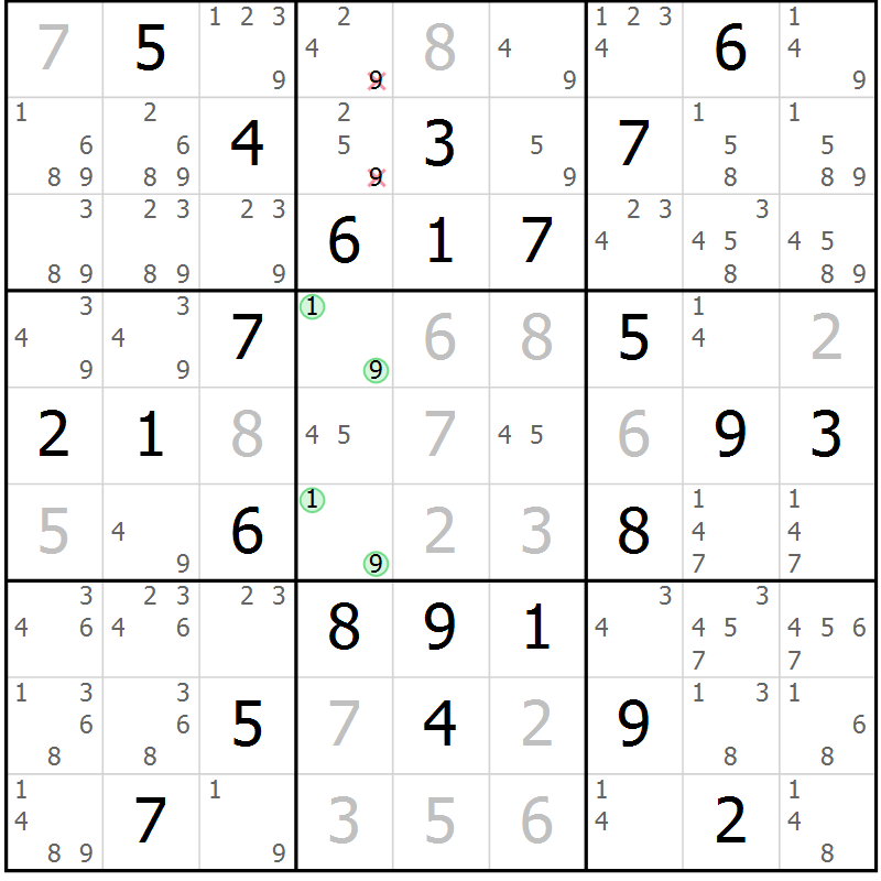 Position des candidats pour la solution de la Gr 50 page 53 du magazine de sudoku Giga sudoku niv 6-8 n° 016