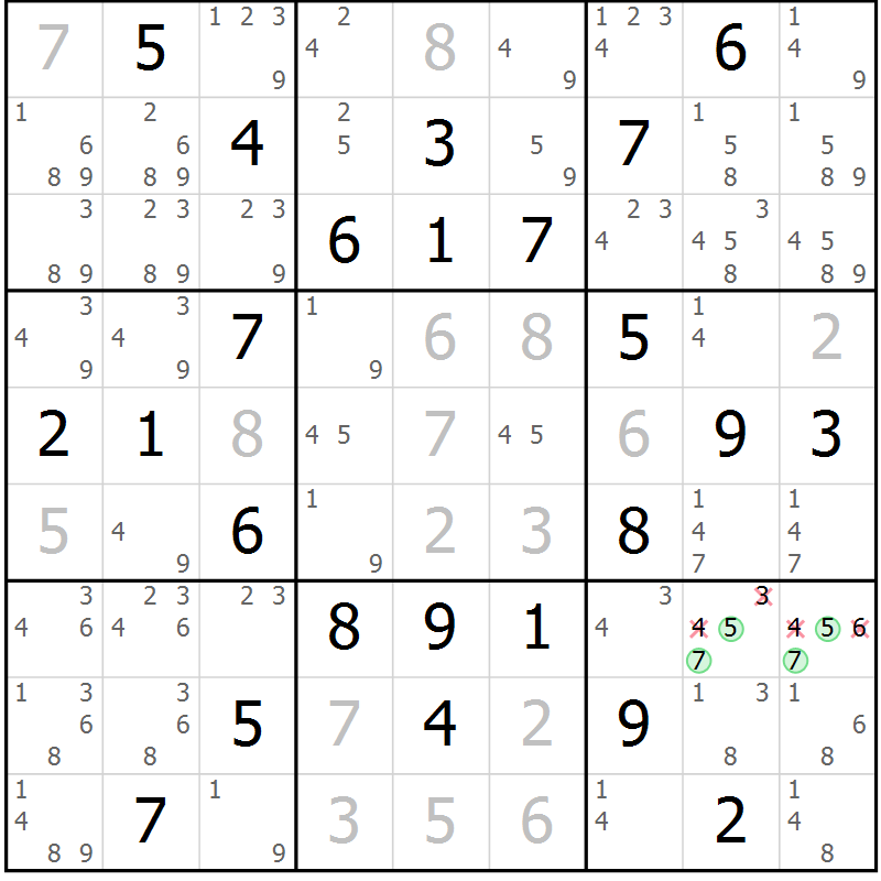 Position des candidats pour la solution de la Gr 50 page 53 du magazine de sudoku Giga sudoku niv 6-8 n° 016