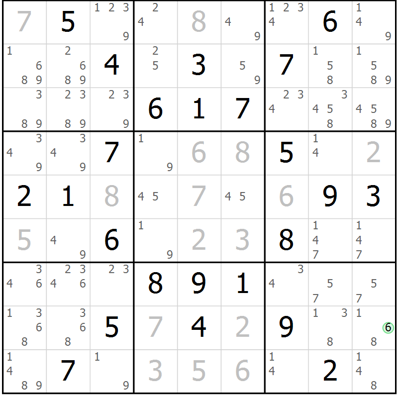 Position des candidats pour la solution de la Gr 50 page 53 du magazine de sudoku Giga sudoku niv 6-8 n° 016