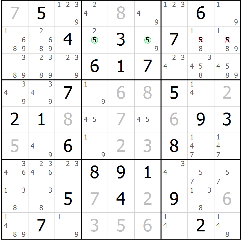 Position des candidats pour la solution de la Gr 50 page 53 du magazine de sudoku Giga sudoku niv 6-8 n° 016