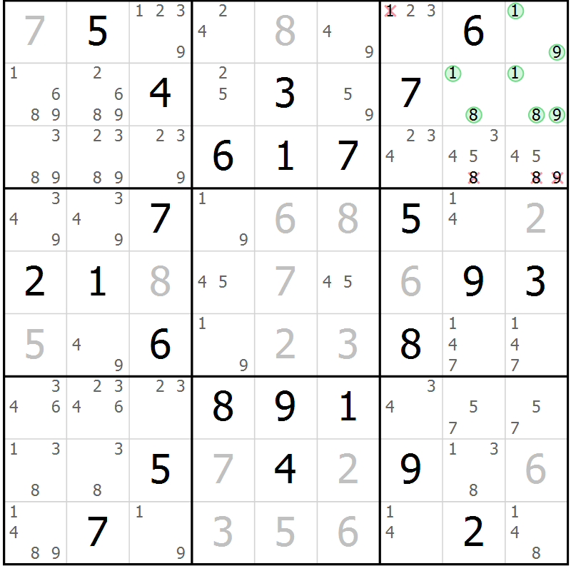 Position des candidats pour la solution de la Gr 50 page 53 du magazine de sudoku Giga sudoku niv 6-8 n° 016