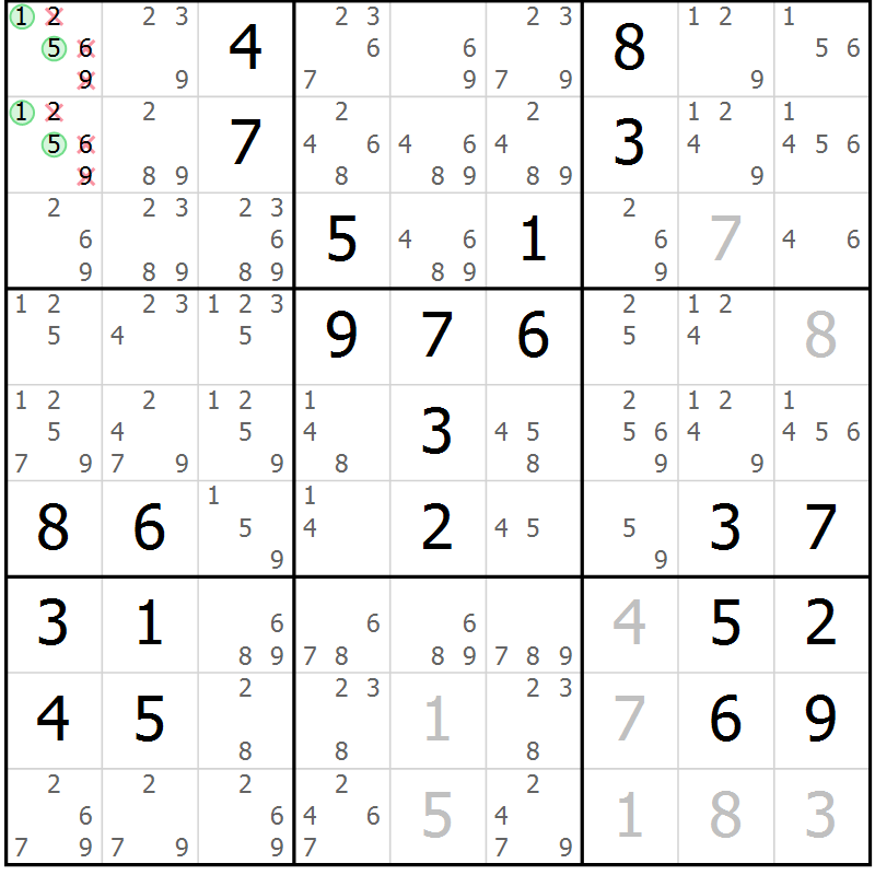 Position des candidats pour la solution de la Gr 51 page 54 du magazine de sudoku Giga sudoku niv 6-8 n° 016