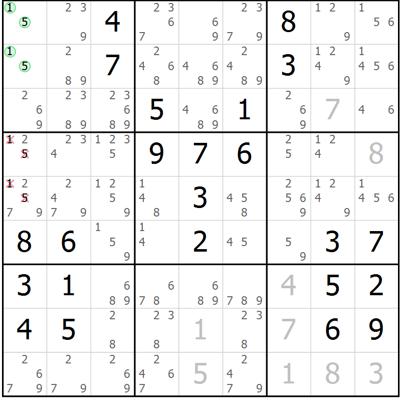Position des candidats pour la solution de la Gr 51 page 54 du magazine de sudoku Giga sudoku niv 6-8 n° 016