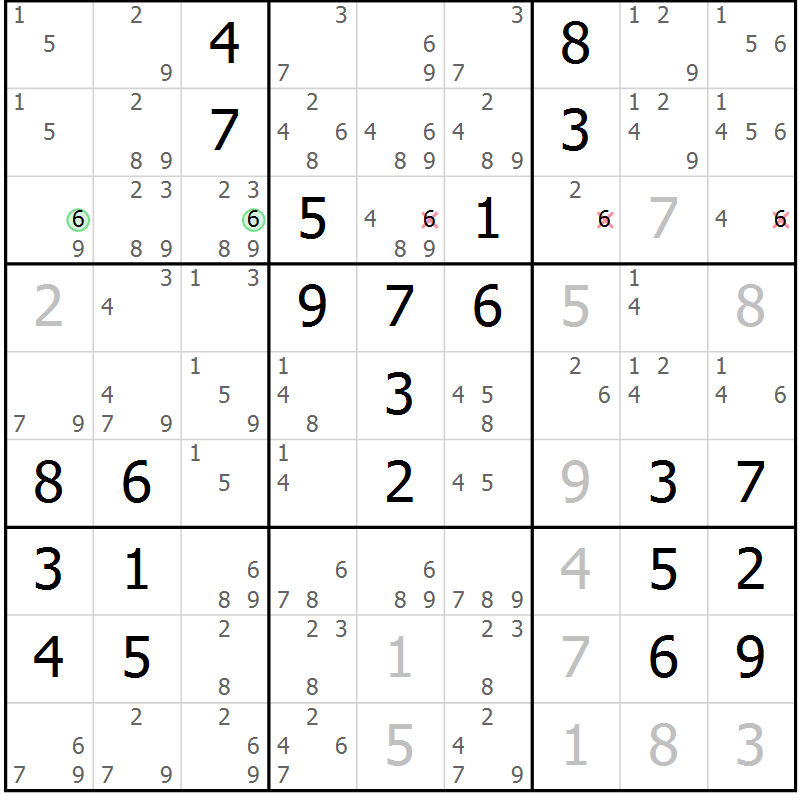 Position des candidats pour la solution de la Gr 51 page 54 du magazine de sudoku Giga sudoku niv 6-8 n° 016