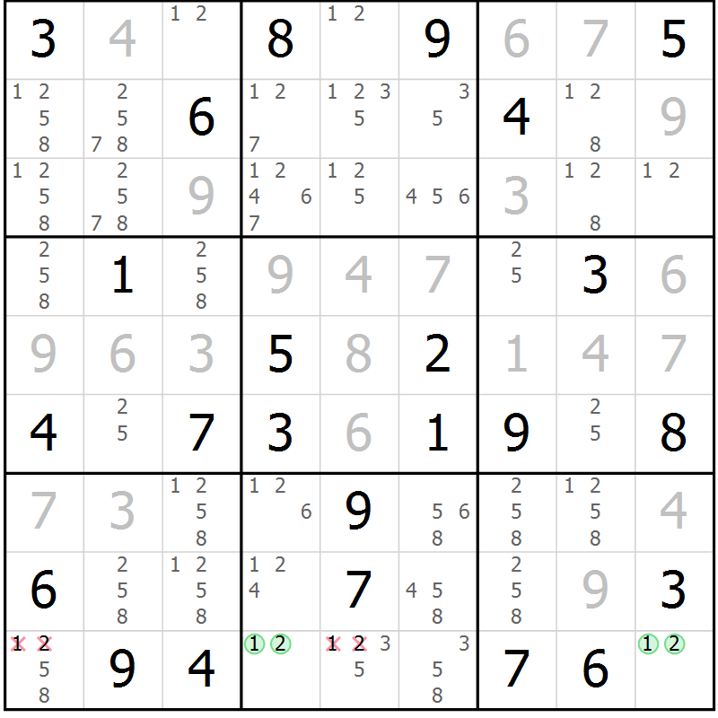 Position des candidats pour la solution de la Gr 52 page 55 du magazine de sudoku Giga sudoku niv 6-8 n° 016
