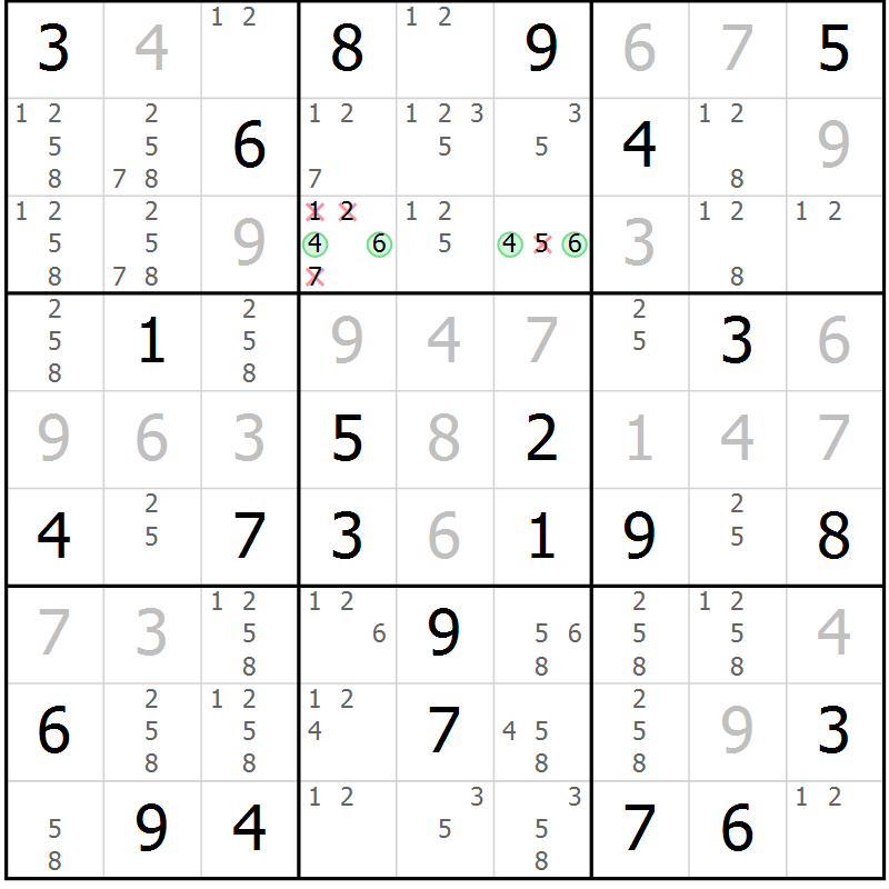 Position des candidats pour la solution de la Gr 52 page 55 du magazine de sudoku Giga sudoku niv 6-8 n° 016