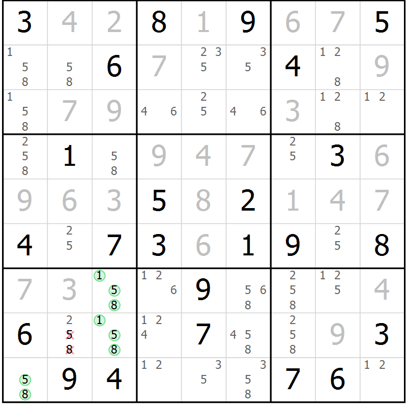 Position des candidats pour la solution de la Gr 52 page 55 du magazine de sudoku Giga sudoku niv 6-8 n° 016