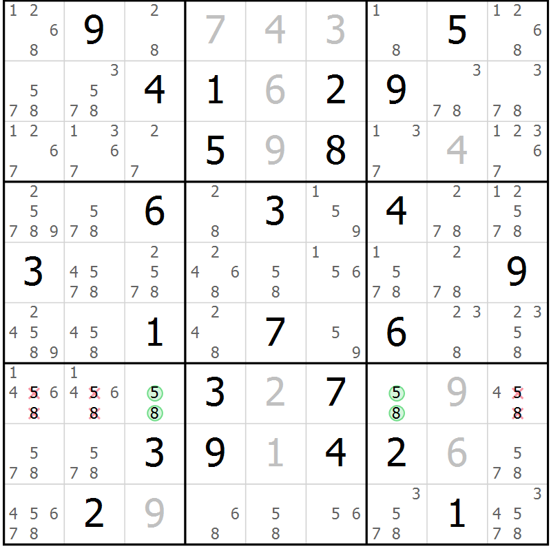 Position des candidats pour la solution de la Gr 53 page 56 du magazine de sudoku Giga sudoku niv 6-8 n° 016