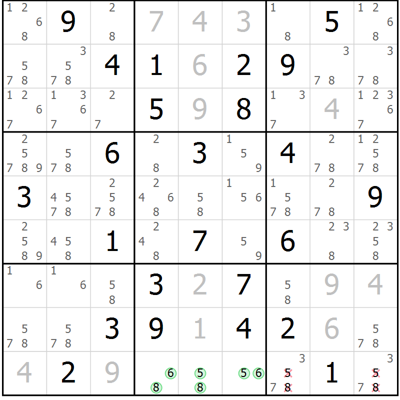 Position des candidats pour la solution de la Gr 53 page 56 du magazine de sudoku Giga sudoku niv 6-8 n° 016
