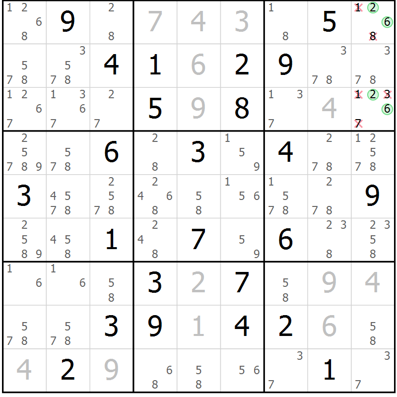 Position des candidats pour la solution de la Gr 53 page 56 du magazine de sudoku Giga sudoku niv 6-8 n° 016