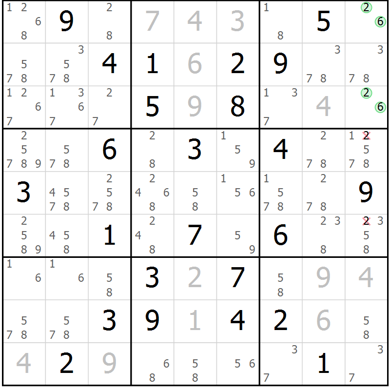 Position des candidats pour la solution de la Gr 53 page 56 du magazine de sudoku Giga sudoku niv 6-8 n° 016