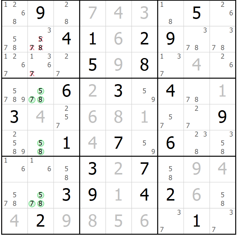 Position des candidats pour la solution de la Gr 53 page 56 du magazine de sudoku Giga sudoku niv 6-8 n° 016