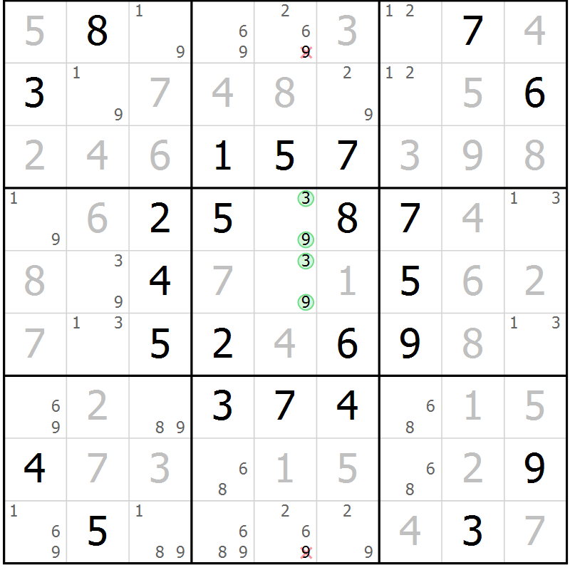 Position des candidats pour la solution de la Gr 54 page 57 du magazine de sudoku Giga sudoku niv 6-8 n° 016