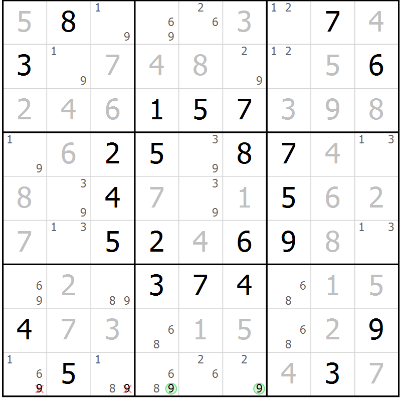 Position des candidats pour la solution de la Gr 54 page 57 du magazine de sudoku Giga sudoku niv 6-8 n° 016