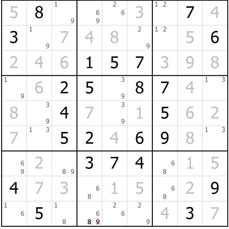 Position des candidats pour la solution de la Gr 54 page 57 du magazine de sudoku Giga sudoku niv 6-8 n° 016